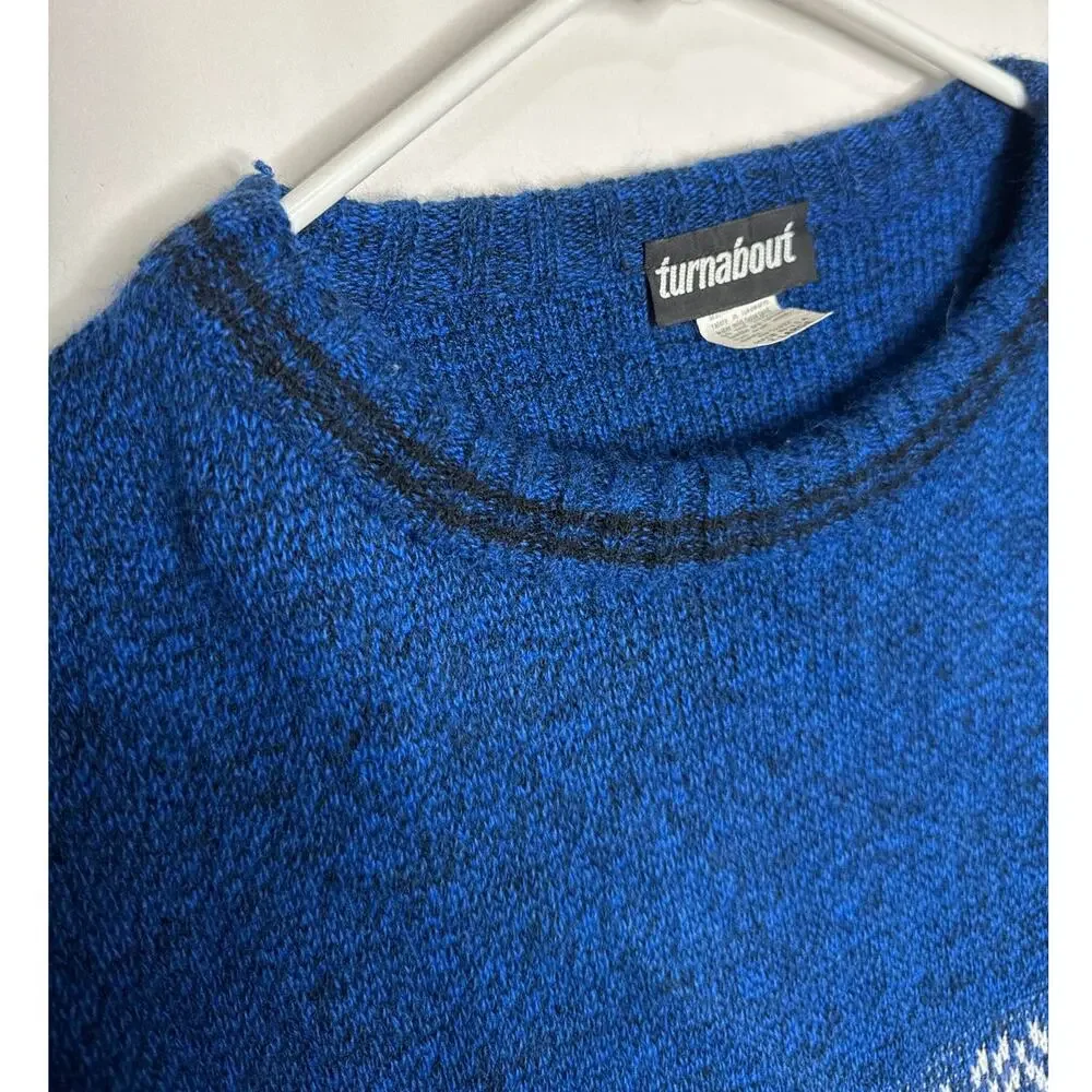 Vintage Y2K Turnabout crew neck multipattern sweater blue, black & white size XL